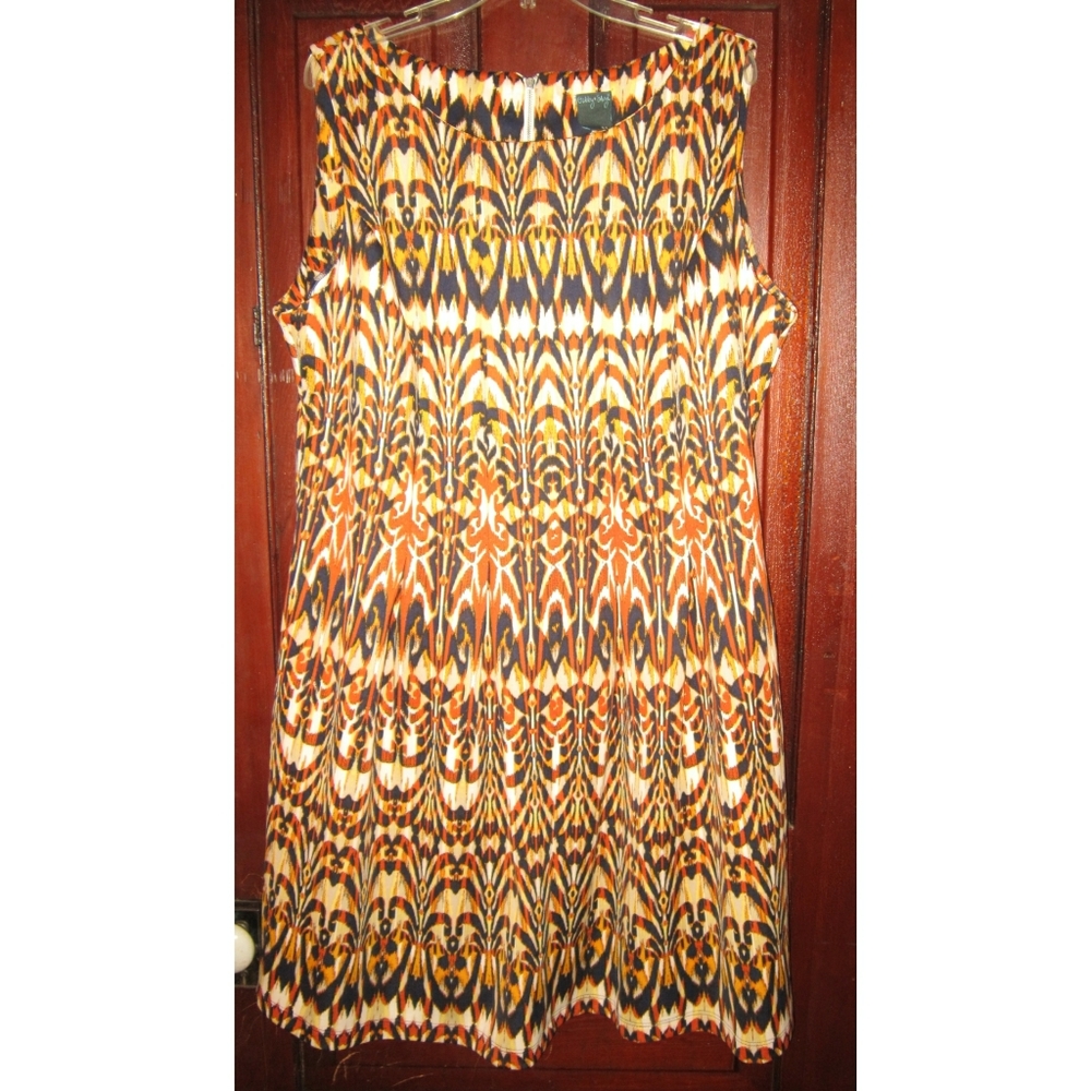 Gabby Skye 1X XL Stretch Sleeveless Dress Fit Flare Ethnic Print Pleated Pockets